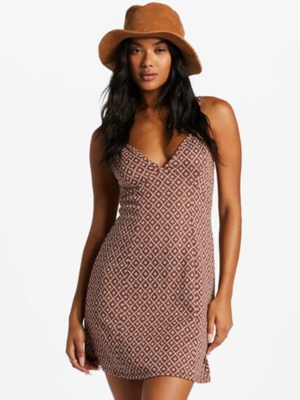 Billabong Brown Diamond-Print V-Neck Mini Dress